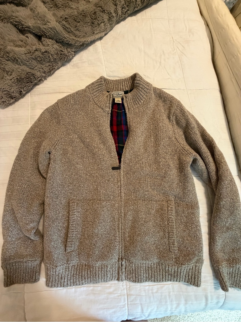 L.L. Bean Men’s Zip wool Sweater in Heathered Tan
